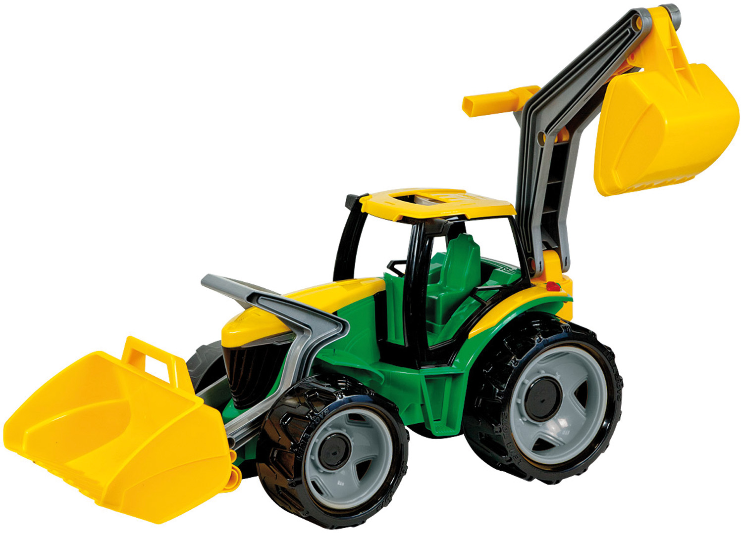 Traktor se lžící a bagrem, zeleno žlutý