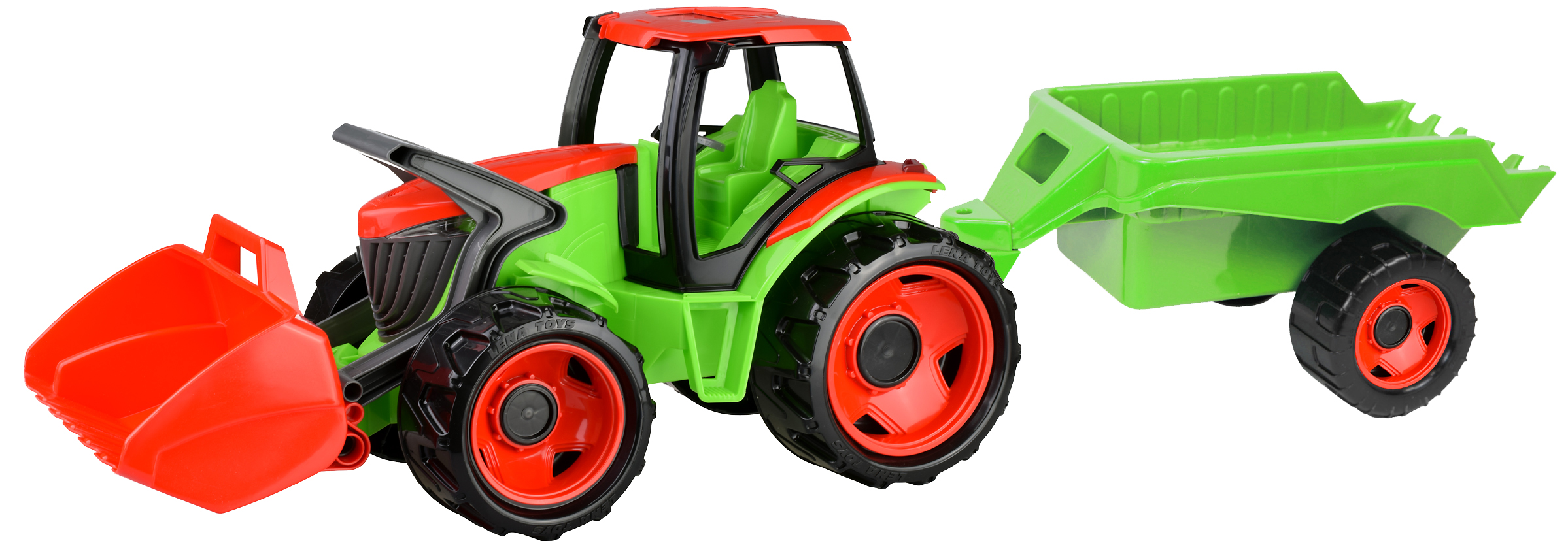 Traktor se lžící a vozíkem, červeno zelený