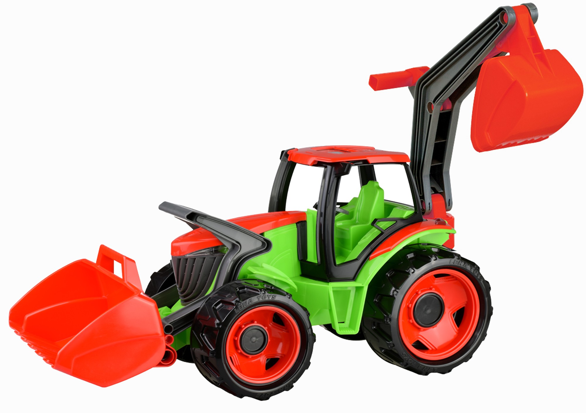 Traktor se lžící a bagrem, zelenočervený